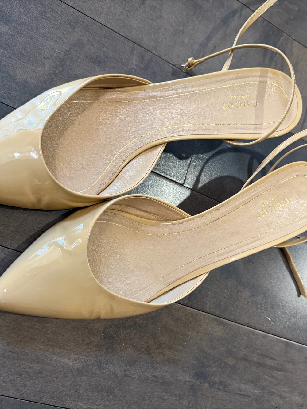 Authentic Gucci Beige Patent Pointed-Toe Slingback Kitten Heels size 11